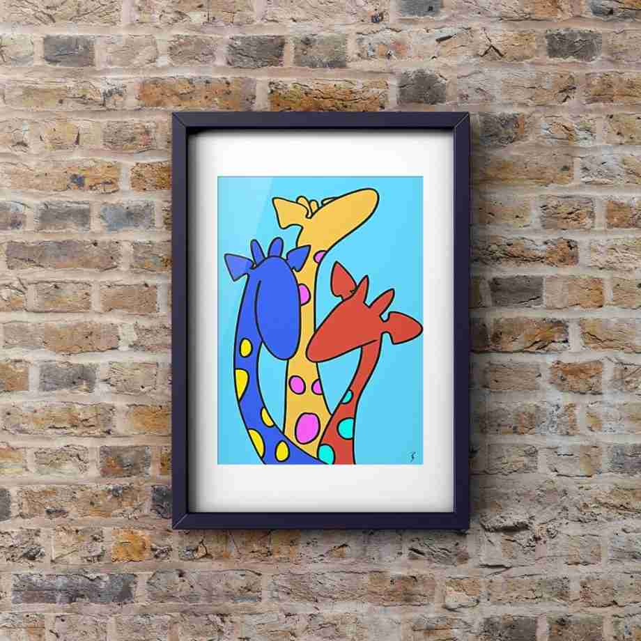 The Colourful Giraffes Art Print in a mounted black frame