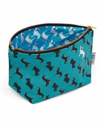 DOGTOOTH DOGS really useful bag shown with zip open to reveal printed lining