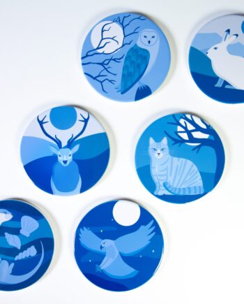 6 unique Scottish wildlife designs printed on high-quality, glossy ceramic coasters.