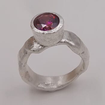 Forged Silver Ring with Pink Faceted Cubic Zirconia