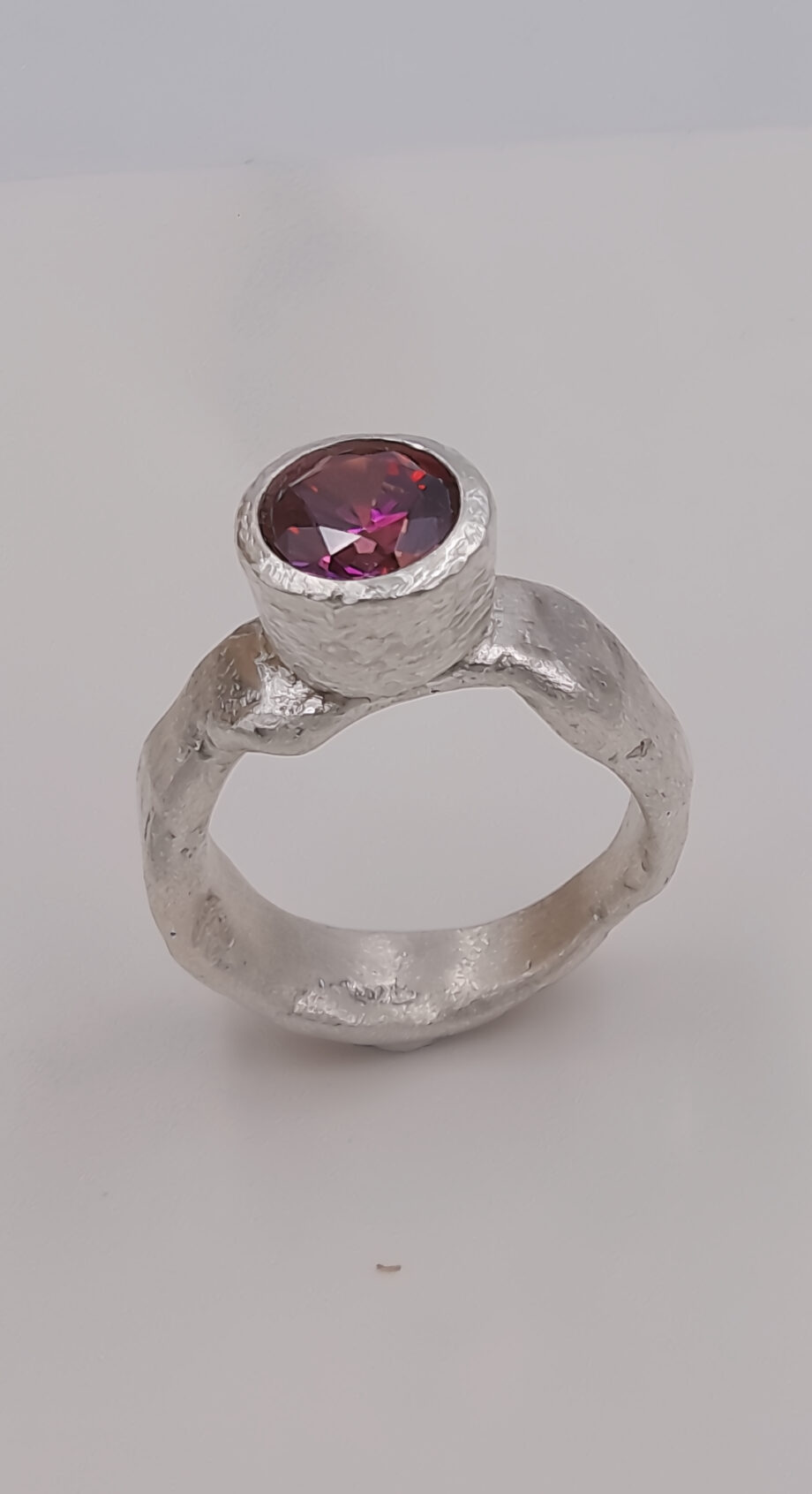 Forged Silver Ring with Pink Faceted Cubic Zirconia