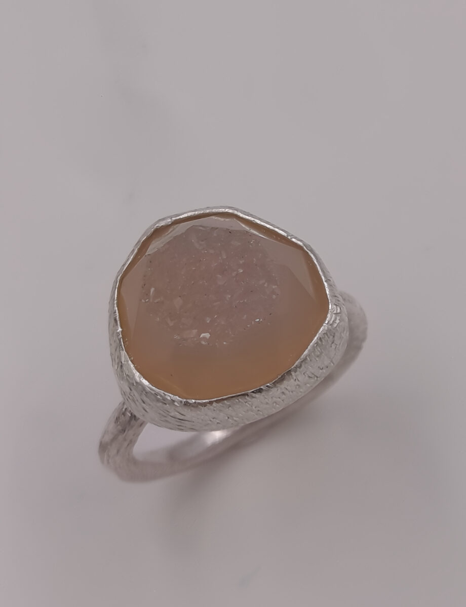 Textured Silver Ring with Quartz Druzy