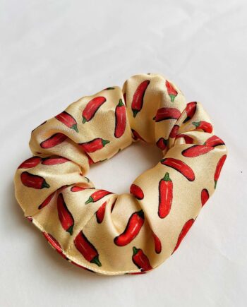 Real silk peach chilli printed luxury scrunchie