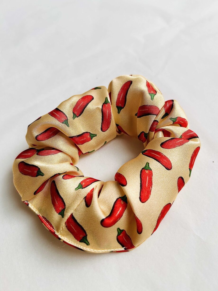 Real silk peach chilli printed luxury scrunchie