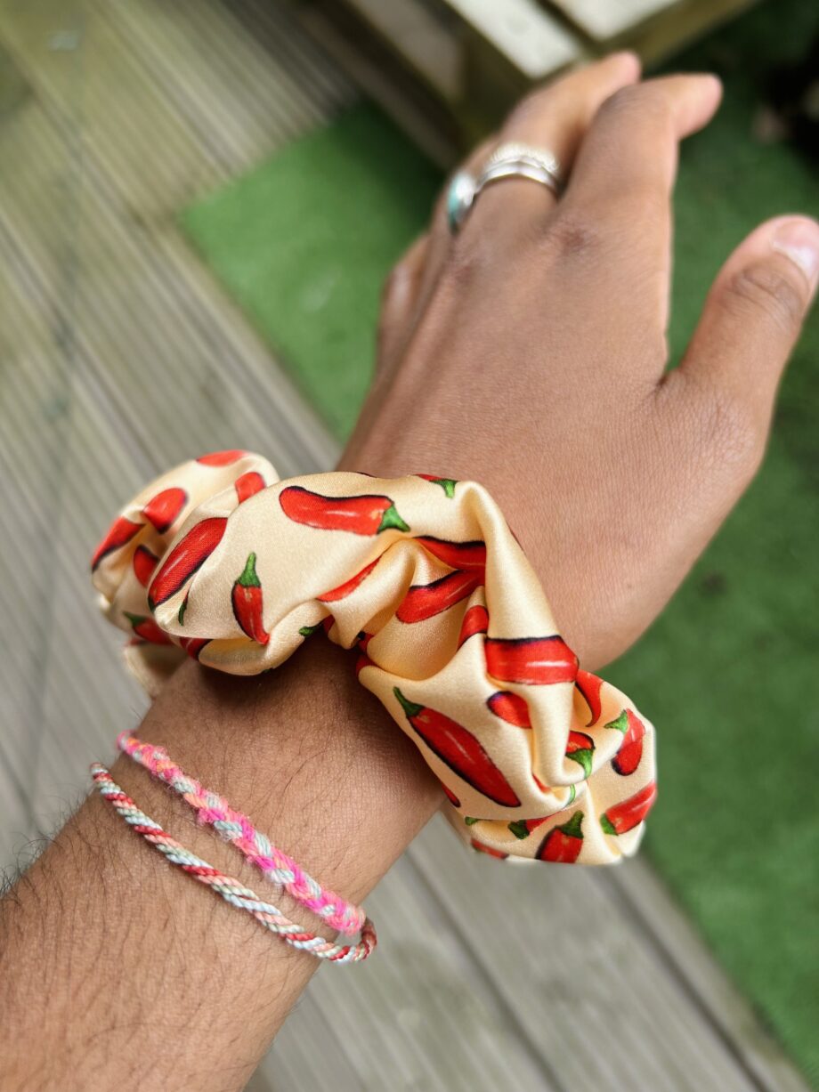 Real silk peach chilli printed luxury scrunchie