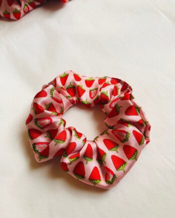 Pink silk strawberry printed scrunchie