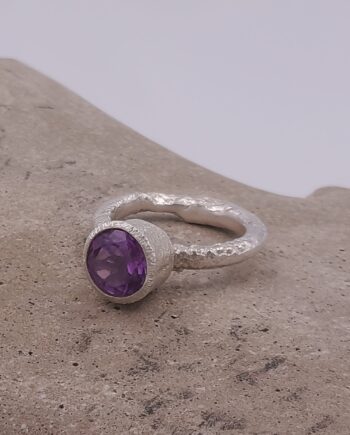 Forged Silver Ring with Faceted Purple Amethyst