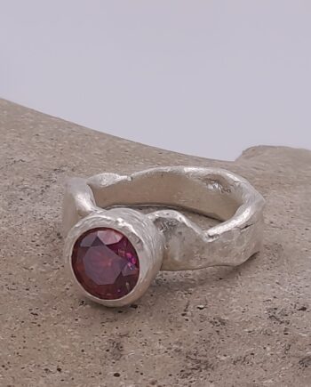 Forged Silver Ring with Pink Faceted Cubic Zirconia