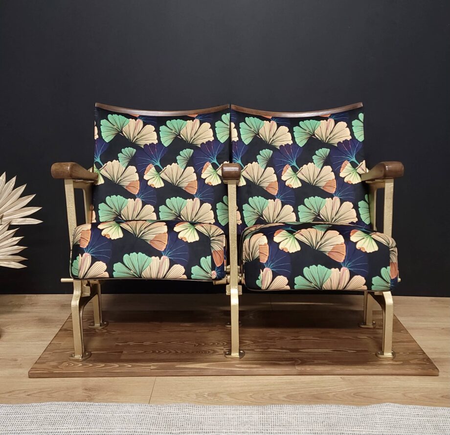 Pair of vintage cinema seats in ginkgo patterned velvet