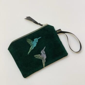 Green Velvet Hummingbirds velvet zip-up pouch