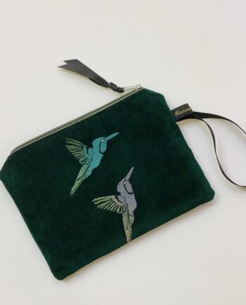 Green Velvet Hummingbirds velvet zip-up pouch