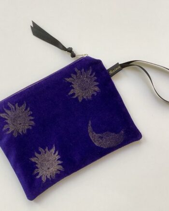 Luxury Purple Velvet Zip-Up Pouch with golden Sun and Moon hand printed design