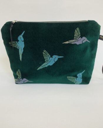 Luxury Green Hummingbirds Velvet Makeup Bag with blue and pink hummingbirds with golden shimmer wings
