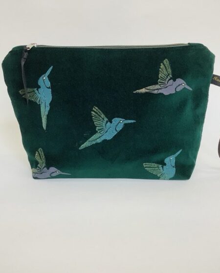 Luxury Green Hummingbirds Velvet Makeup Bag with blue and pink hummingbirds with golden shimmer wings