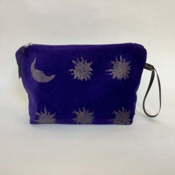 Luxury Purple Velvet Makeup Bag with golden Sun and Moon print with Black Grosgrain wrist strap