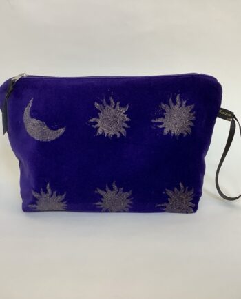 Luxury Purple Velvet Makeup Bag with golden Sun and Moon print with Black Grosgrain wrist strap