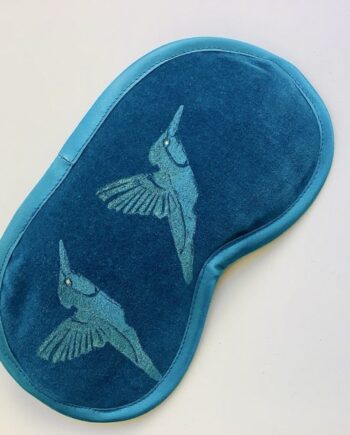Luxury velvet lavender infused eye mask with hummingbirds hand printed design in blue with golden shimmer wings