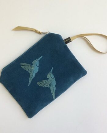 Teal Velvet Hummingbirds velvet zip-up pouch