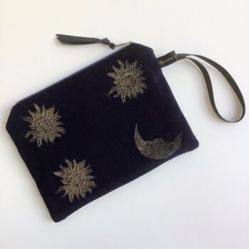 Luxury Navy Velvet Zip-Up Pouch with golden Sun and Moon hand printed design