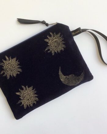 Luxury Navy Velvet Zip-Up Pouch with golden Sun and Moon hand printed design