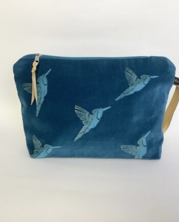 Luxury Teal Velvet Makeup Bag with Blue Hummingbirds hand printed design with golden shimmer on the wings