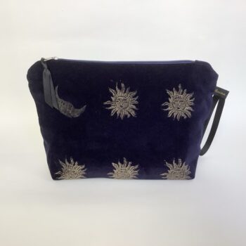 Luxury Navy Velvet Makeup Bag with golden Sun and Moon print with Black Grosgrain wrist strap