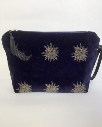 Luxury Navy Velvet Makeup Bag with golden Sun and Moon print with Black Grosgrain wrist strap