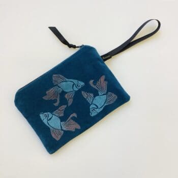 Luxury Teal Velvet zip-up pouch with blue Koi Fish with copper shimmer