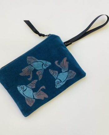 Luxury Teal Velvet zip-up pouch with blue Koi Fish with copper shimmer