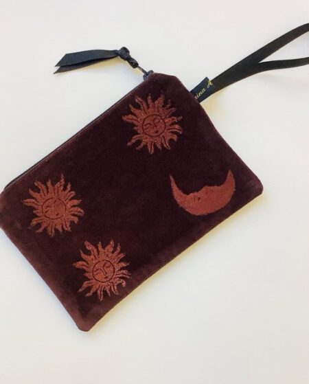 Luxury Chocolate Velvet Zip-Up Pouch with copper hand printed Sun and Moon design, with black grosgrain wrist strap