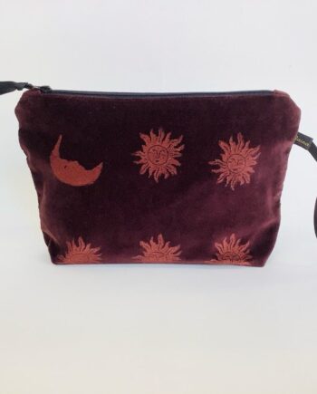 Luxury Chocolate Velvet Makeup Bag with copper hand printed Sun and Moon design