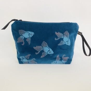 Luxury Teal Velvet Makeup Bag with blue Koi Fish with copper shimmer