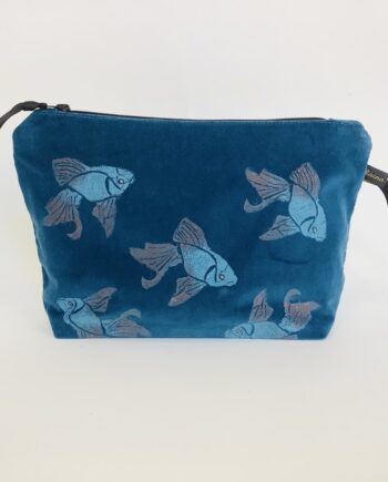 Luxury Teal Velvet Makeup Bag with blue Koi Fish with copper shimmer