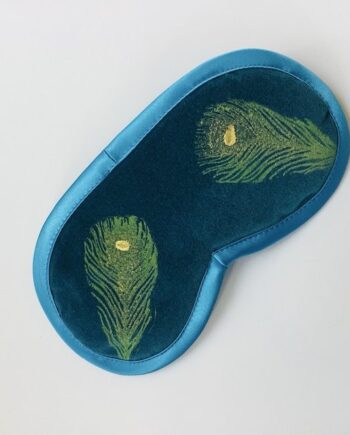 Teal Velvet Peacock Feathers Lavender Infused Eye Mask with hand printed yellow feathers with golden shimmer