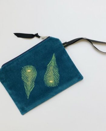 Luxury Teal Velvet Zip Up Pouch with yellow Peacock Feathers hand printed design with golden shimmer and with Black Grosgrain hand strap