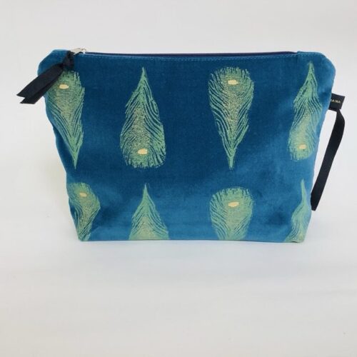 Raina Atelier Teal Velvet Peacock Feathers Makeup Luxury teal velvet makeup bag with yellow peacock feathers print with golden shimmer