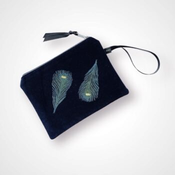 Luxury Navy Velvet Zip Up Pouch with blue Peacock Feathers hand printed design with golden shimmer and with Black Grosgrain hand strap