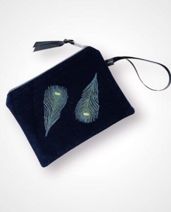 Luxury Navy Velvet Zip Up Pouch with blue Peacock Feathers hand printed design with golden shimmer and with Black Grosgrain hand strap