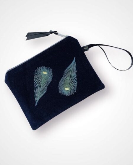 Luxury Navy Velvet Zip Up Pouch with blue Peacock Feathers hand printed design with golden shimmer and with Black Grosgrain hand strap