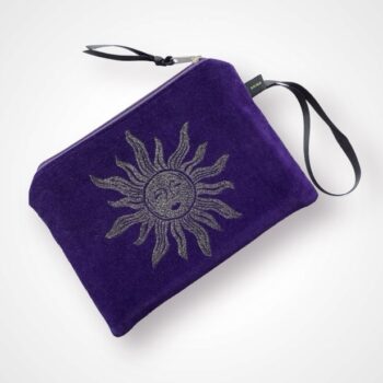 Luxury Purple Velvet Zip-Up Pouch with golden Sun hand printed design