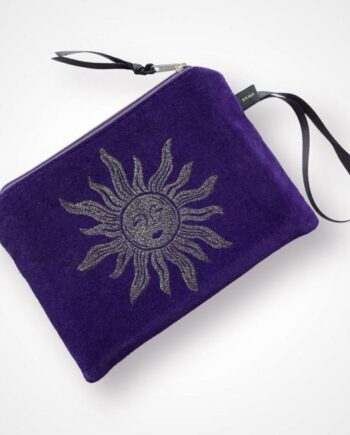 Luxury Purple Velvet Zip-Up Pouch with golden Sun hand printed design