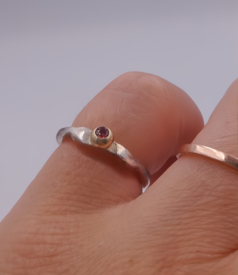 Molten Silver Pinky Ring with Gold Granule and Garnet