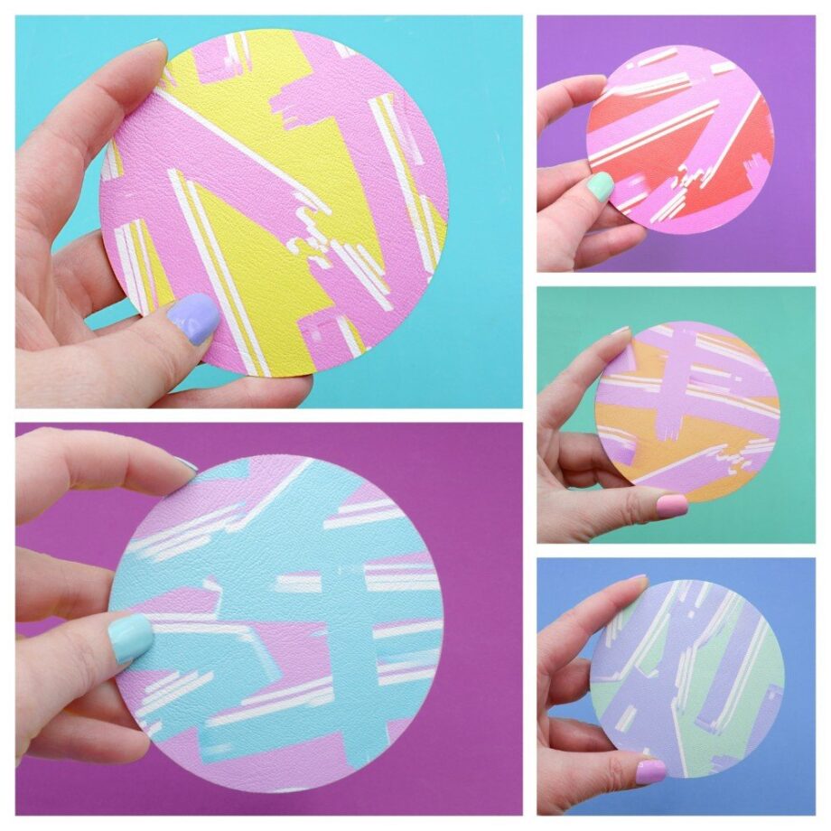 Collage of round coasters made from faux leather and wood featuring abstract patterns in vibrant pastel colours. Each coaster is held against a colourful background.