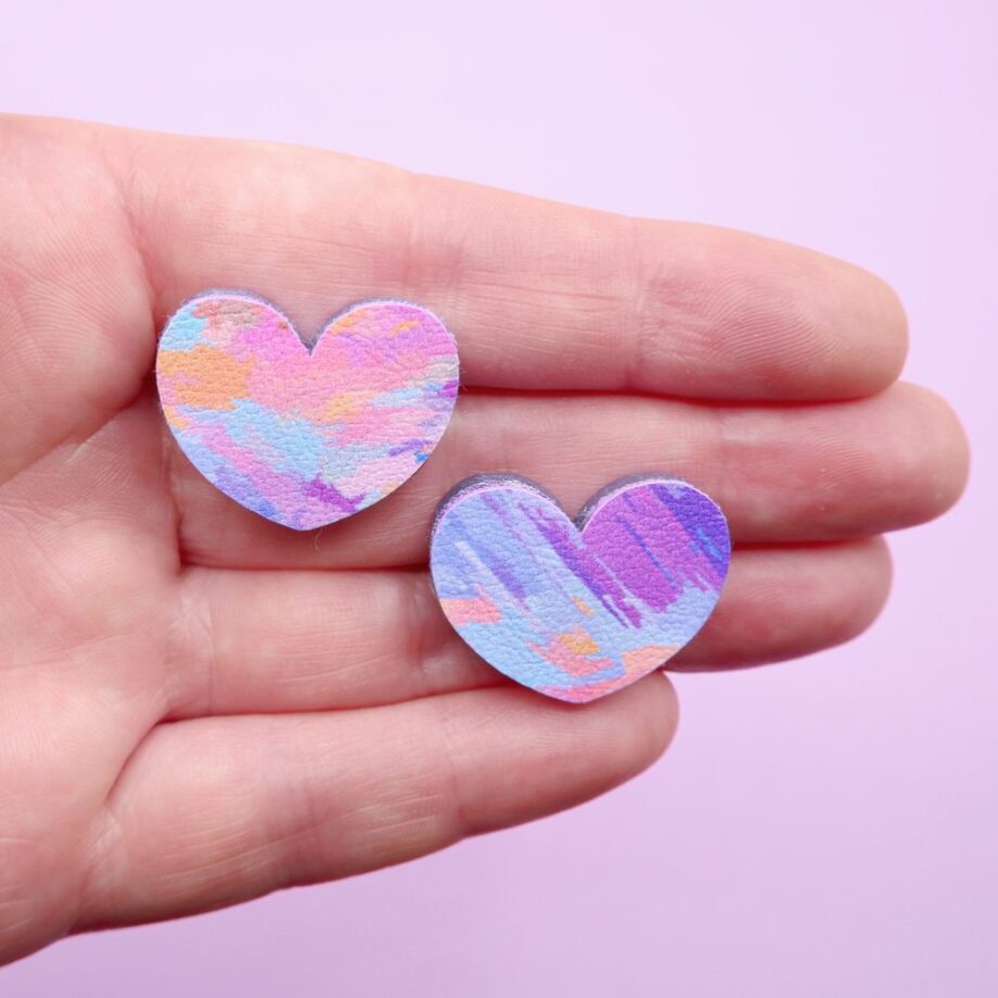 Mini heart stud earrings with original printed artwork in blues, pink and orange