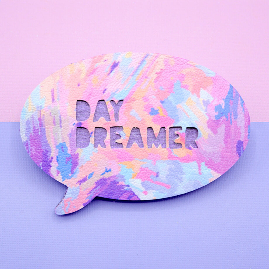 "Day Dreamer" brooch for thoughtful creatives in an painterly abstract pattern of pinks, purples, blues and soft peach