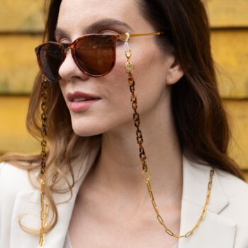 Dainty Tortoiseshell and Gold Paperclip Small Acrylic Glasses Chain Adorned with Hexagons