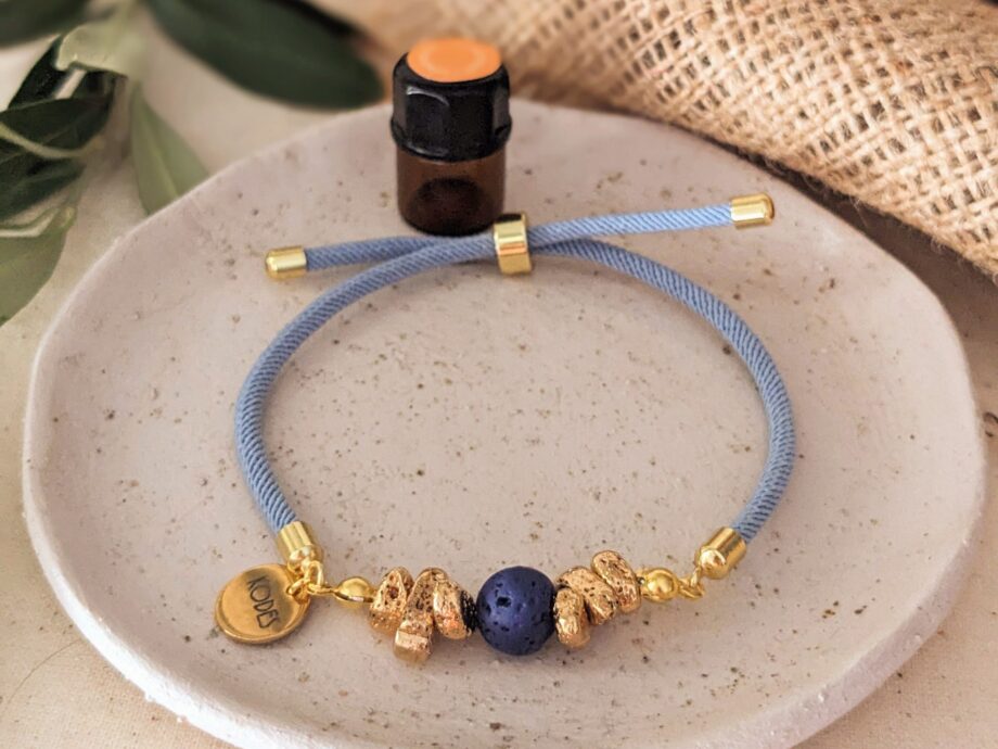 Light Blue Aromatherapy Essential Oil Diffuser Bracelet with Lava Bead and Gold Hematite Stones