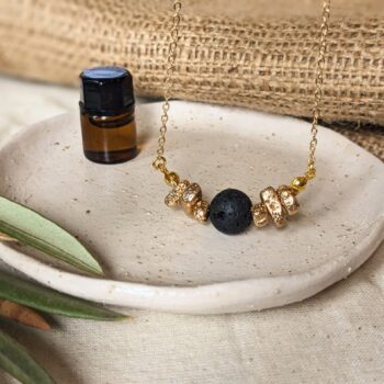 Oil Diffuser Necklace with Lava Bead and Gold Plated Stones