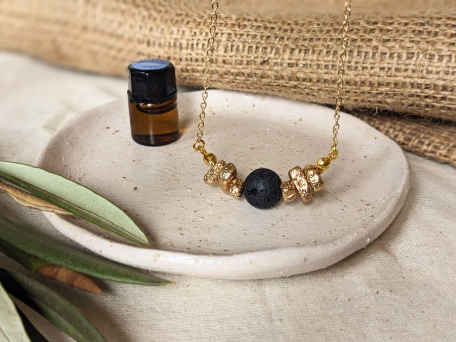 Oil Diffuser Necklace with Lava Bead and Gold Plated Stones