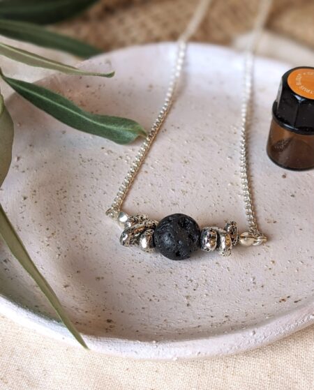 Aromatherapy Essential Oil Diffuser Necklace with Lava Bead and Silver Hematite Stones